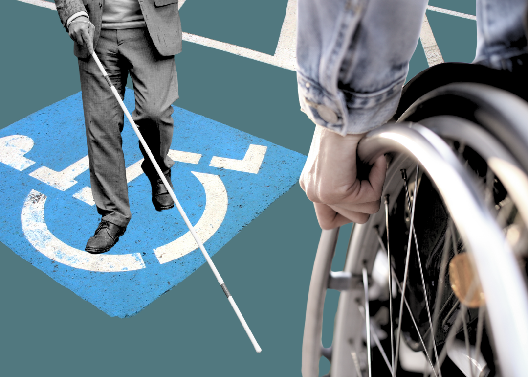 A photo illustration with a green background, showing a disabled parking space with the typical adjoining white-painted crosswalk lines, a hand propelling the wheel of a wheelchair, and a person walking with a white cane.