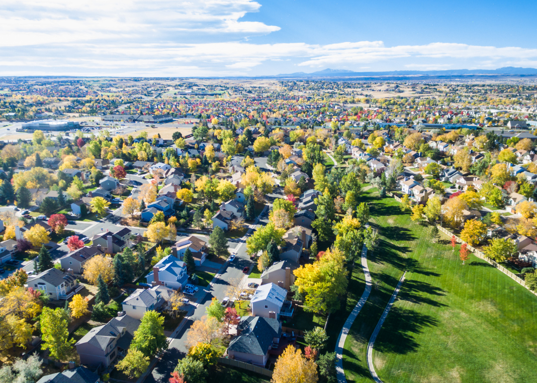 An aerial view of a neighborhood of homes.