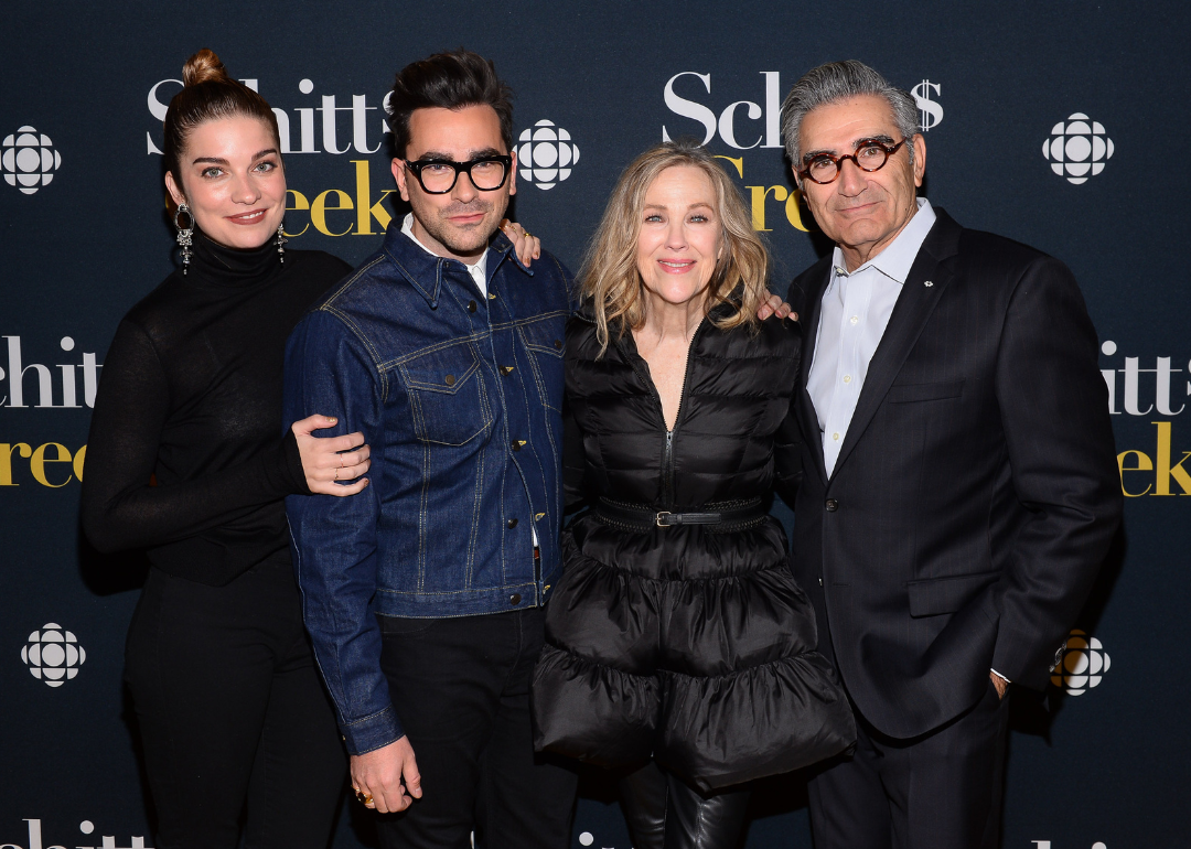 Annie Murphy, Dan Levy, Catherine O'Hara and Eugene Levy pose at the Schitt's Creek Season 4 premiere.