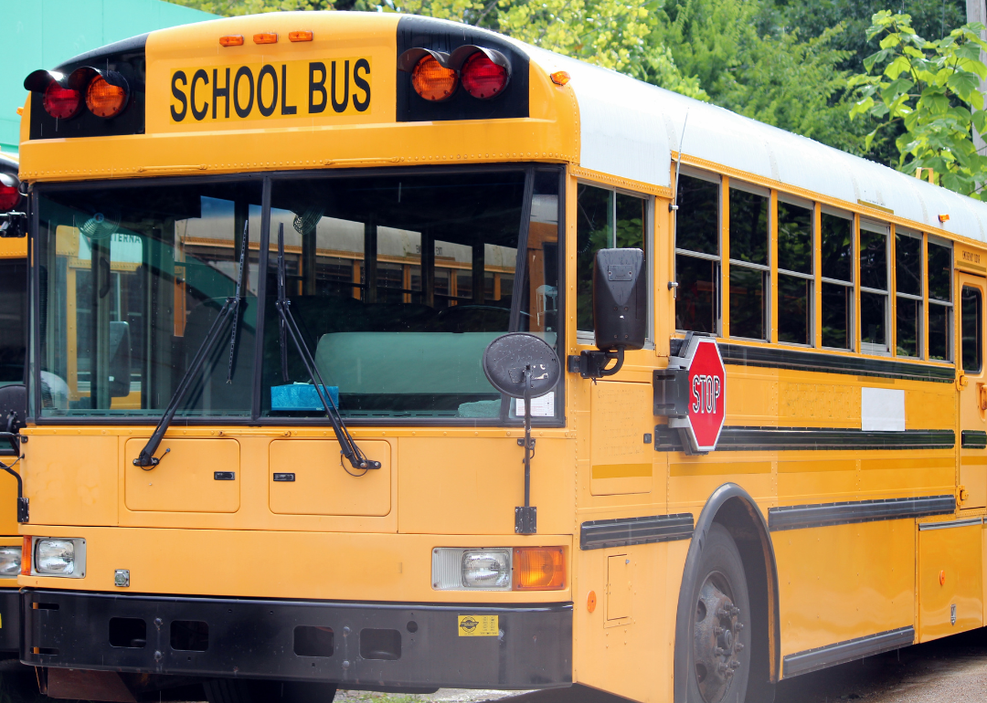 A close-up of a yellow school bus. 