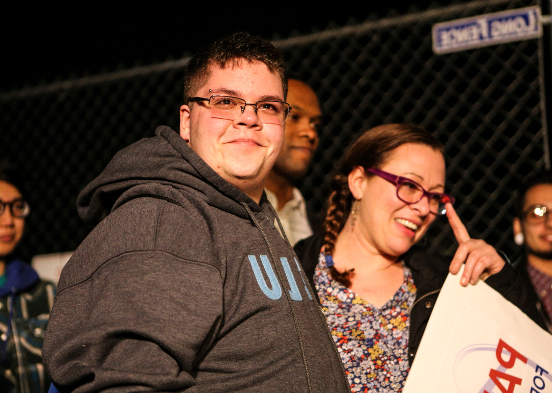 Transgender teen, Gavin Grimm, left, and Vanessa Ford, right, mother of a transgender child, join a protest outside White House in support of trans students on February 20, 2017 in Washington DC. Grimm is requesting to be allowed to use the boys' restroom at Gloucester High School. The U.S. Supreme Court has agreed to hear his case. 