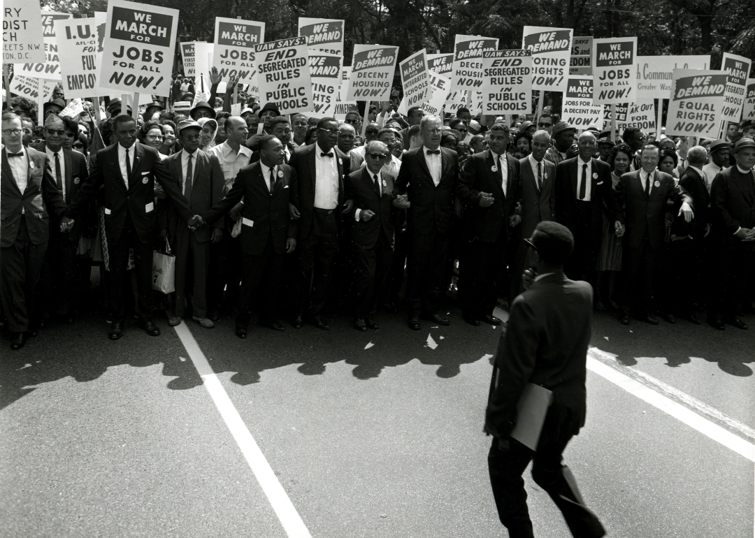 Civil Rights leaders holding hands as they march along the National Mall during the March on Washington for Jobs and Freedom, Washington DC, August 28, 1963