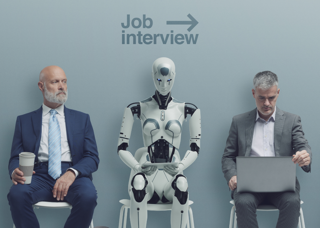 Businesspeople and a humanoid AI robot sitting and waiting for a job interview.