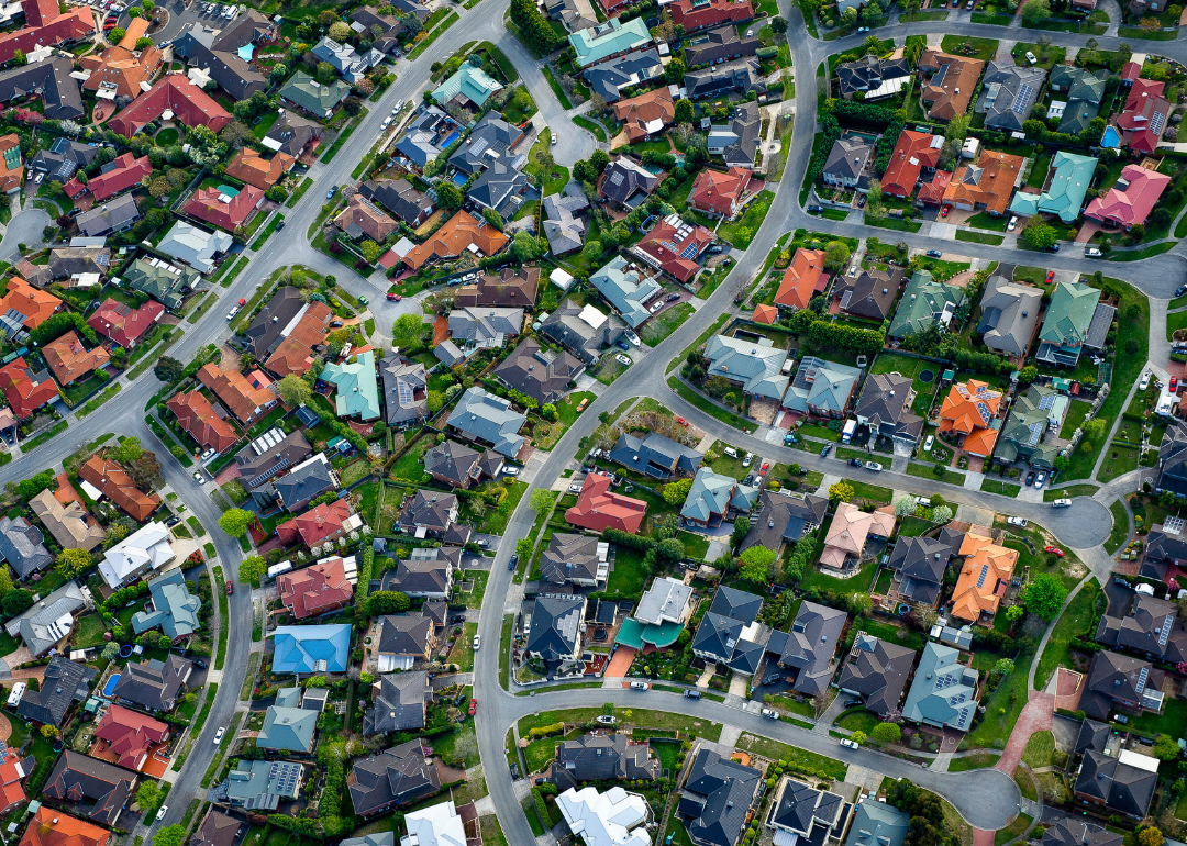 An aerial view of a suburban neighborhood.