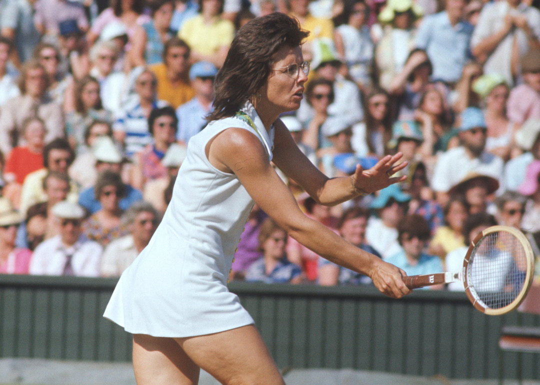 Billy Jean King of the USA returning a shot during the women's singles at the Wimbledon Lawn Tennis Championships circa 1973 at the All England Lawn Tennis and Croquet Club in London, England.