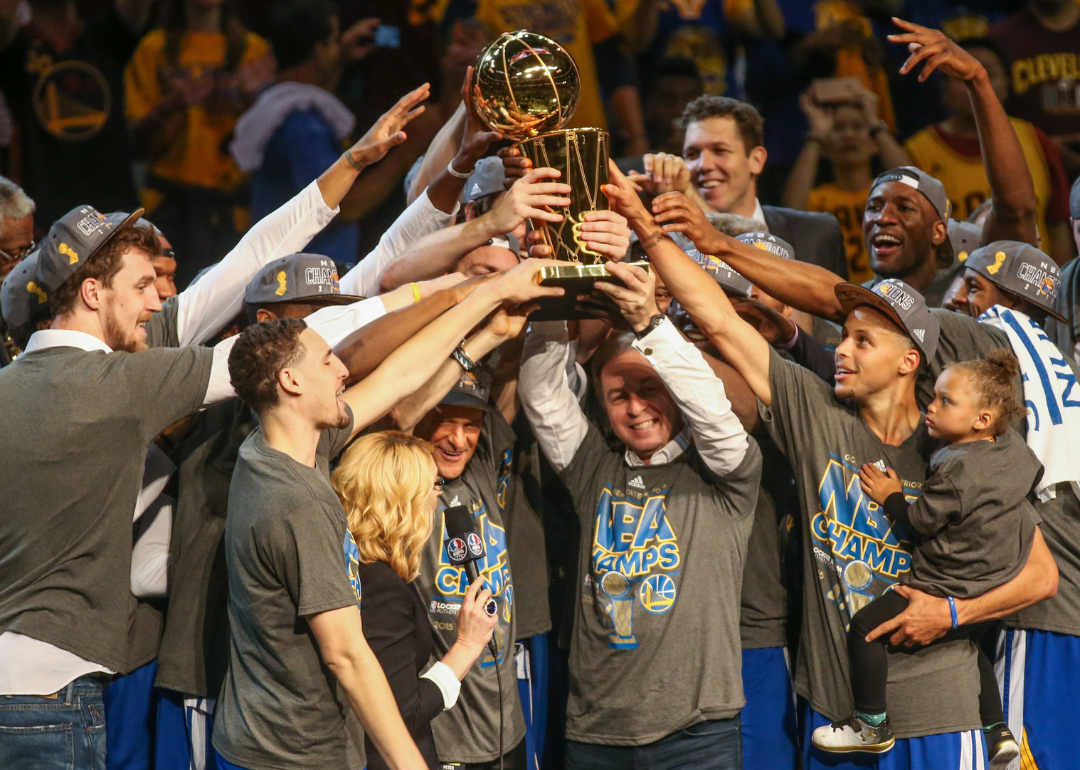 Players of Golden State Warriors celebrating their win over the Cavaliers and winning the NBA Championship Trophy in Cleveland on June 16, 2015.
