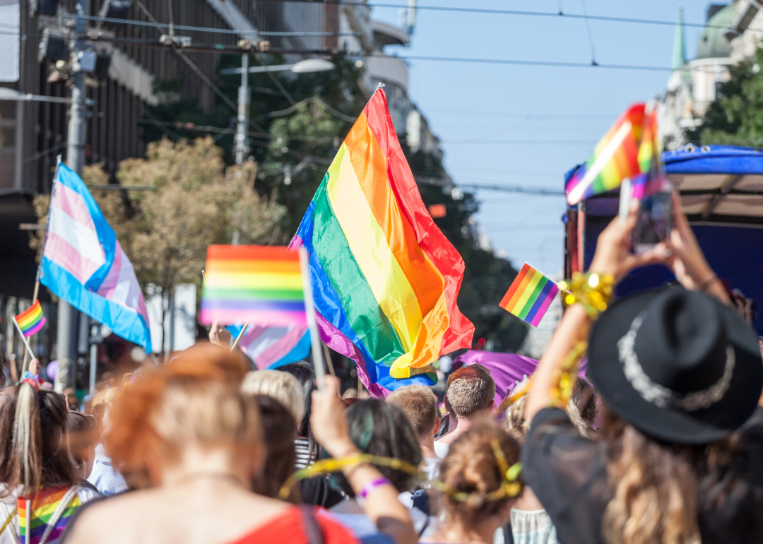 A crowd raising pride flags during a march.