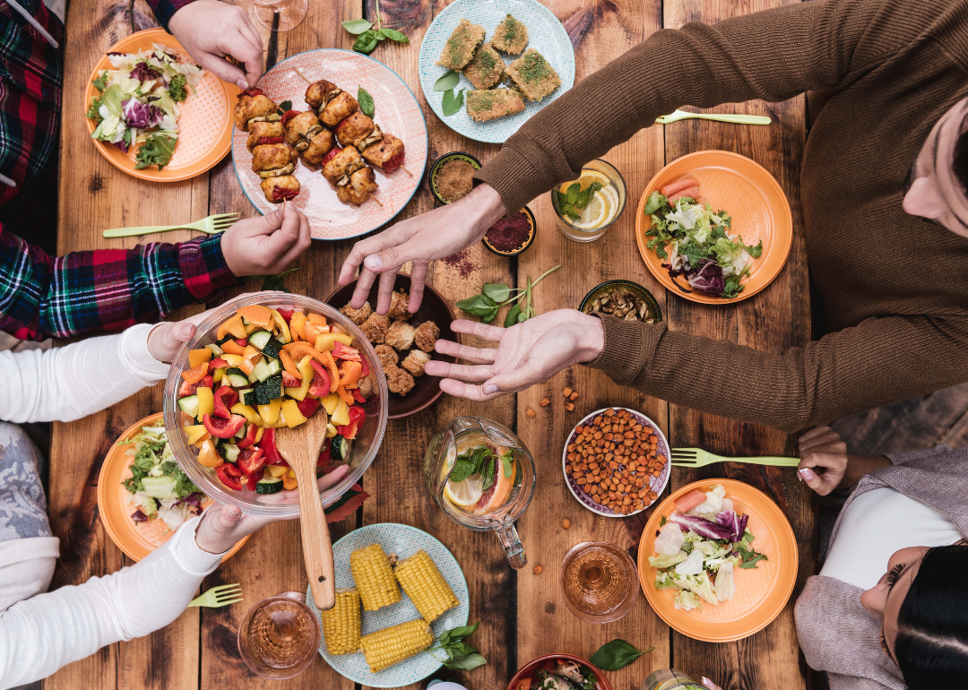 A spread of food on a rustic wooden table