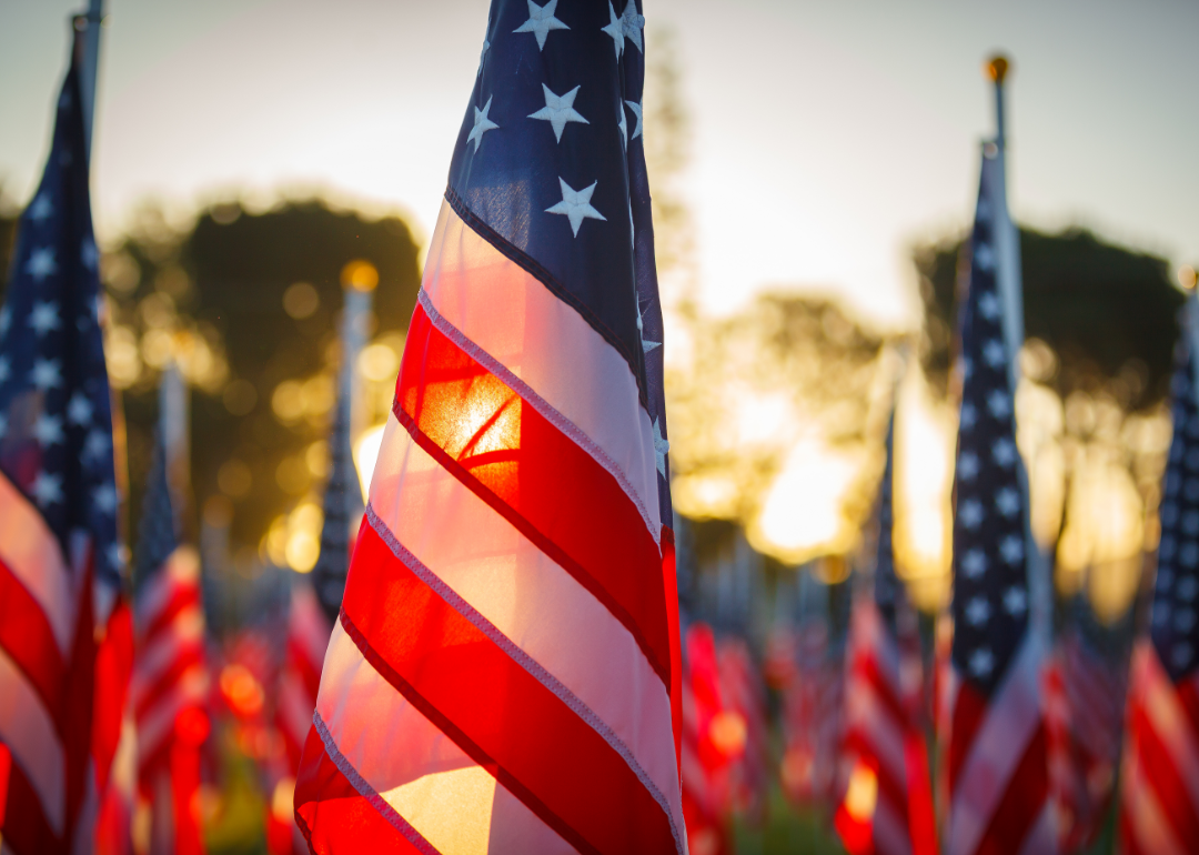 American flags displayed in front of a setting sun