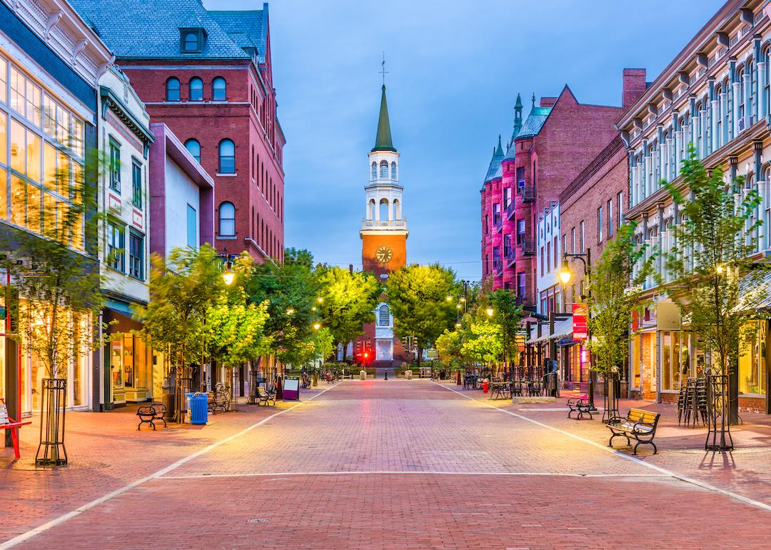 Church Street Marketplace in Burlington, Vermont during sunrise.