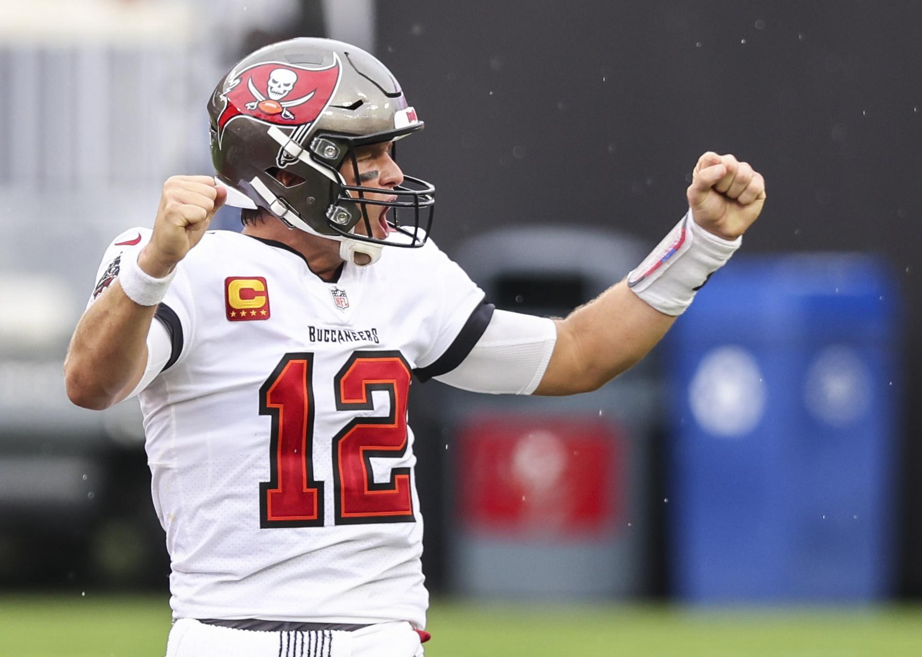 Tom Brady of the Tampa Bay Buccaneers celebrates after a win