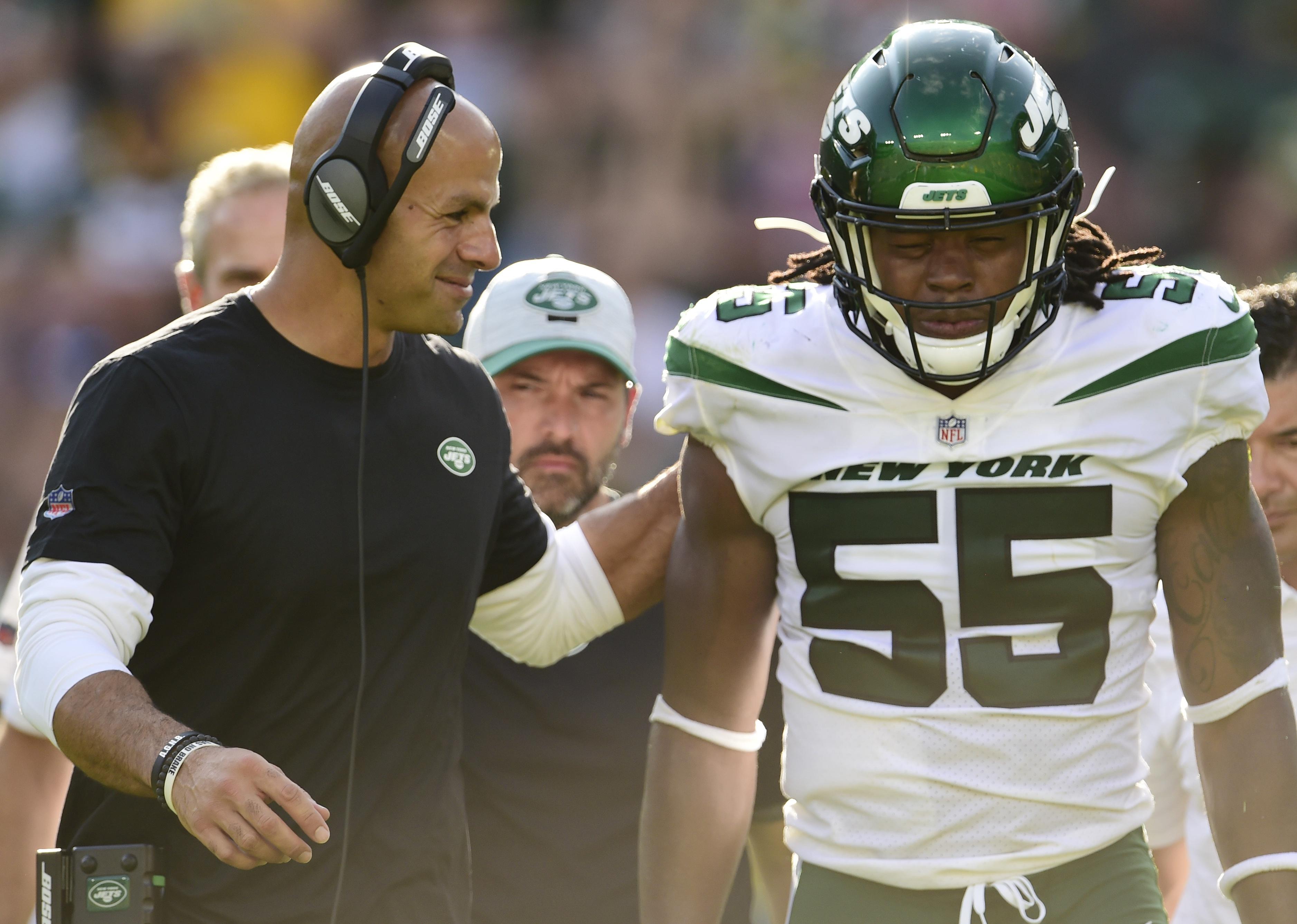 Hamilcar Rashed Jr. of the New York Jets talks with head coach Robert Saleh