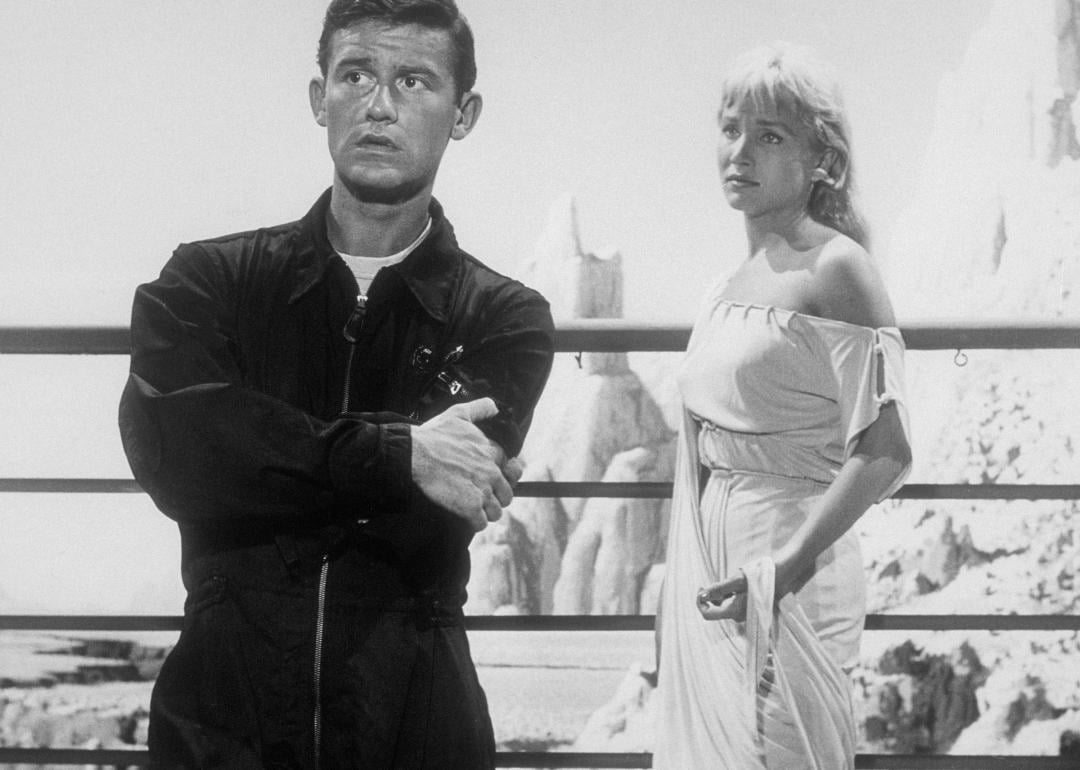 Roddy McDowall and American actress Susan Oliver in 'The Twilight Zone', 1960. 