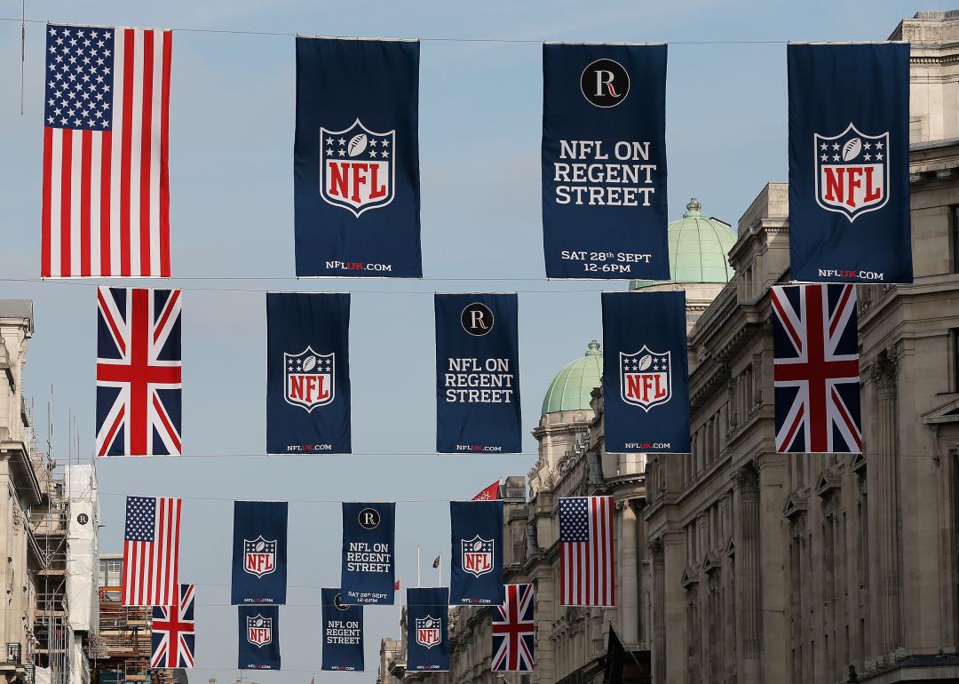 Flags advertising the NFL in London are seen on Regent Street.