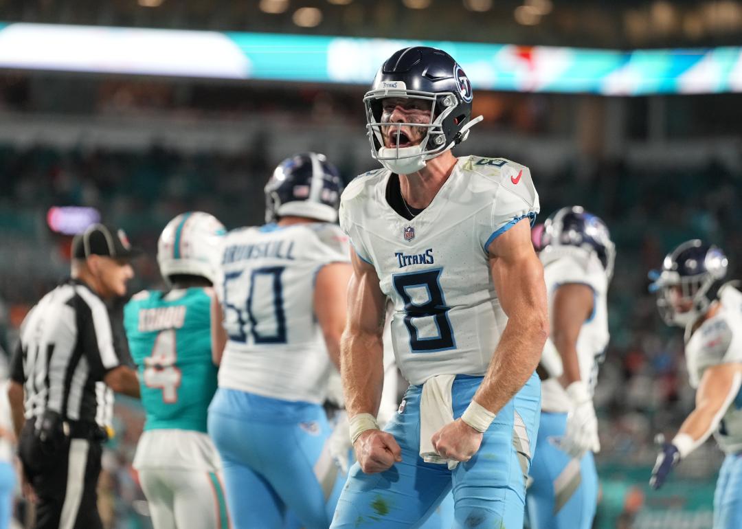Tennessee Titans quarterback Will Levis celebrates after a touchdown.