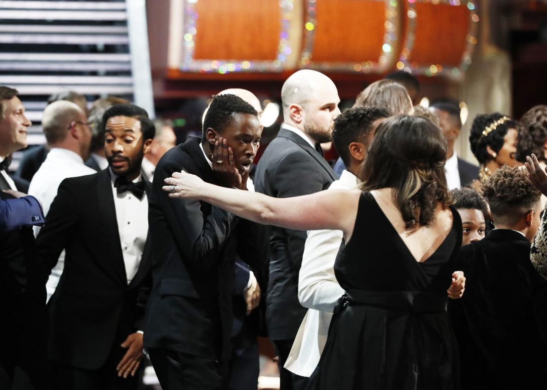 "Moonlight" actor Ashton Sanders is stunned after winning for Best Picture.