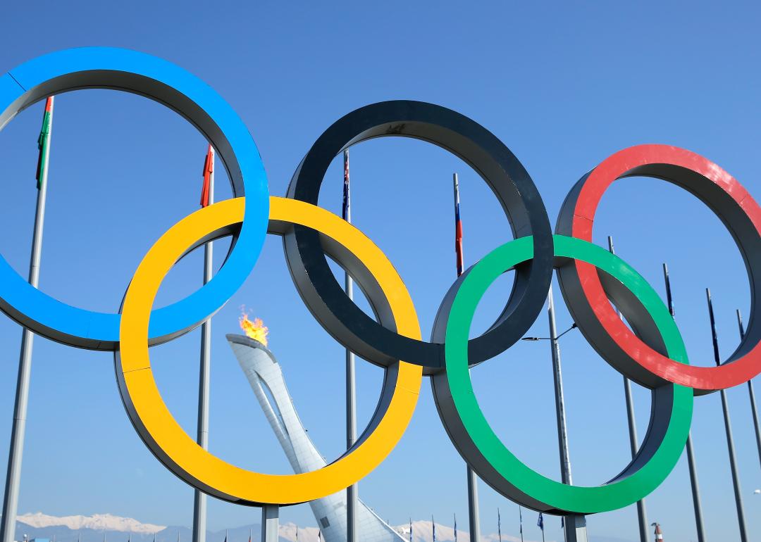 Olympic Rings are seen under the Olympic Cauldron inside Olympic Park.