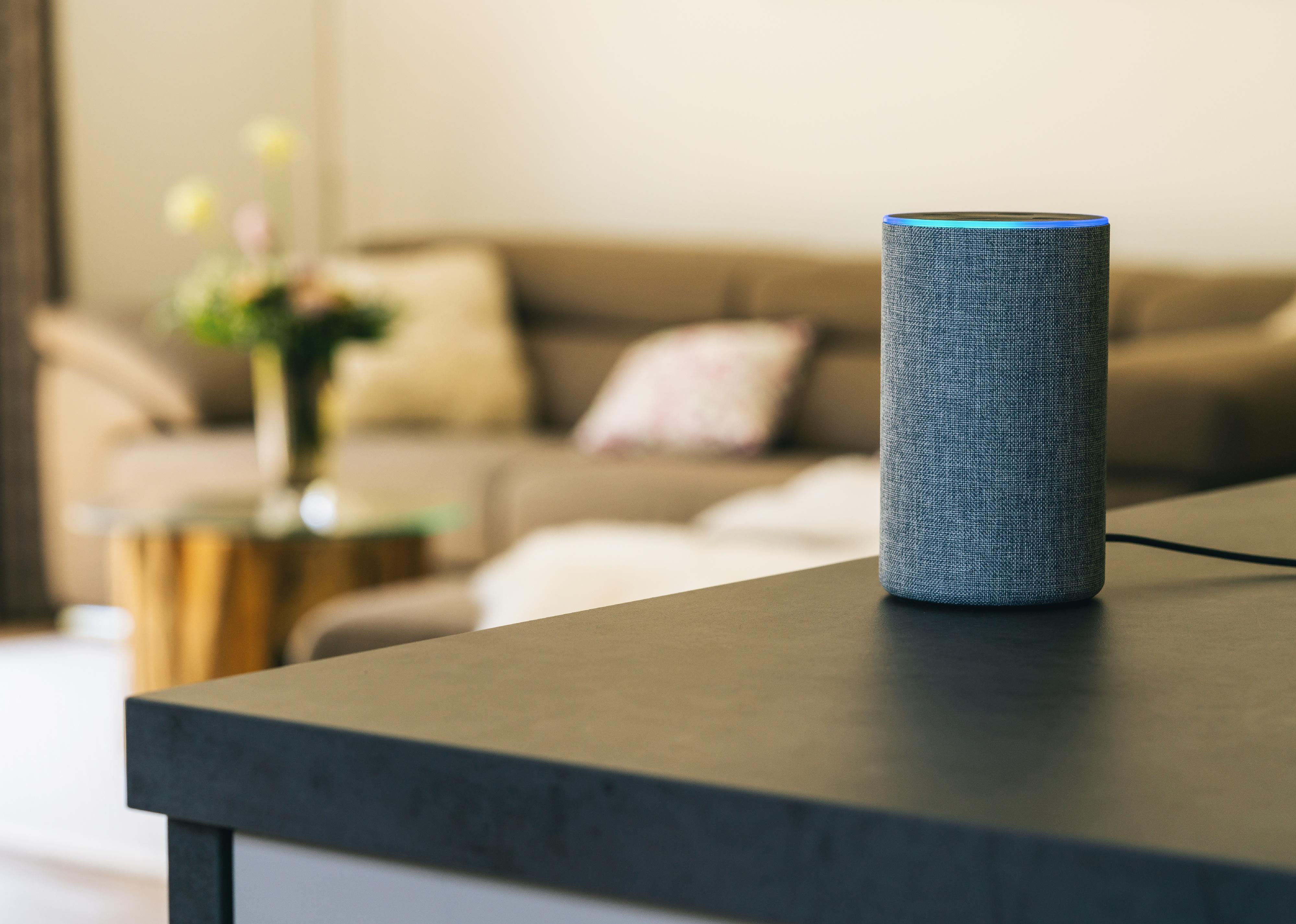 Voice controlled speaker on table