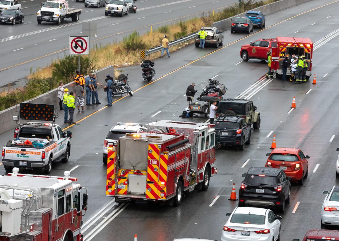 Emergency vehicles blocking traffic after a car accident
