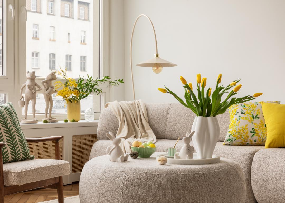 Living room with yellow accents.