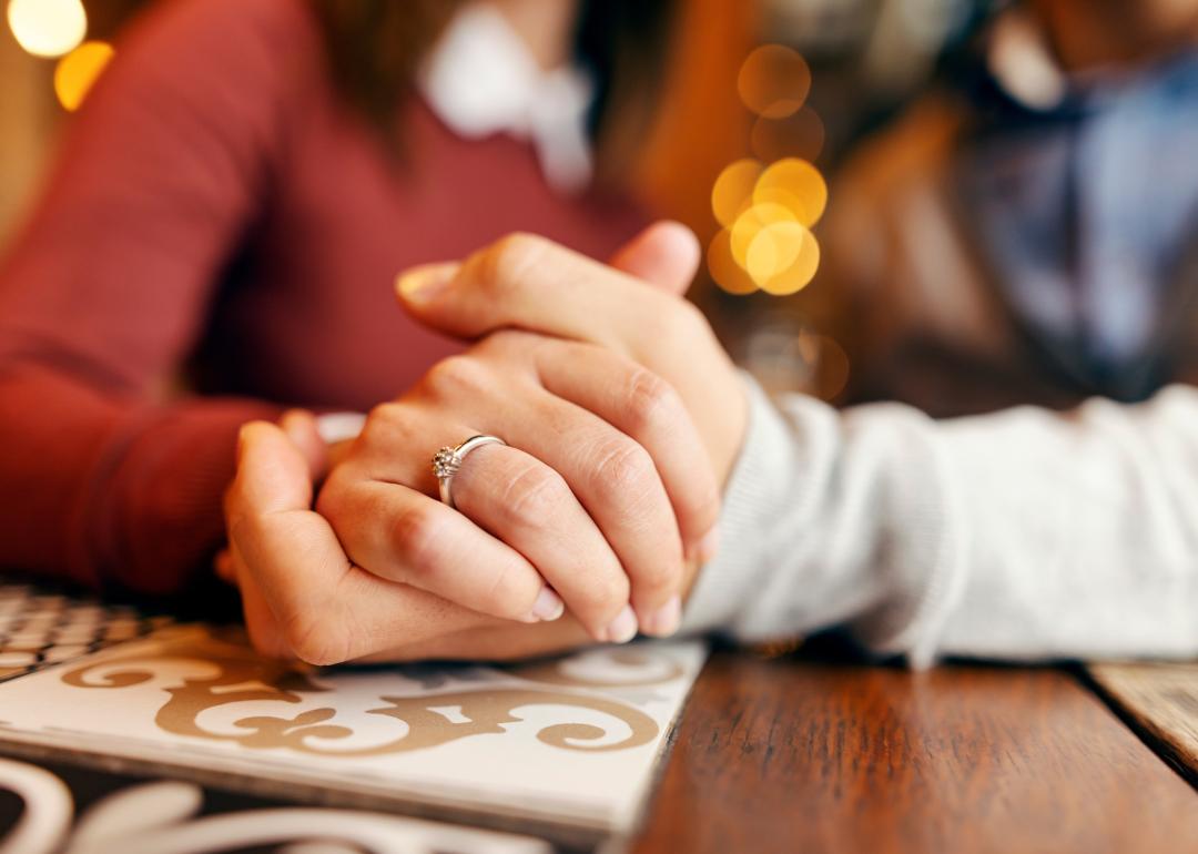 Close up of couple's hands holding in cafe. 