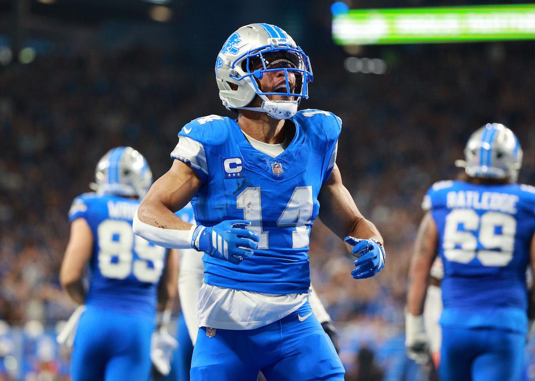 Detroit Lions wide receiver Amon-Ra St. Brown reacts after a play during the first half of a game against the Chicago Bears on Sept. 14, 2025.