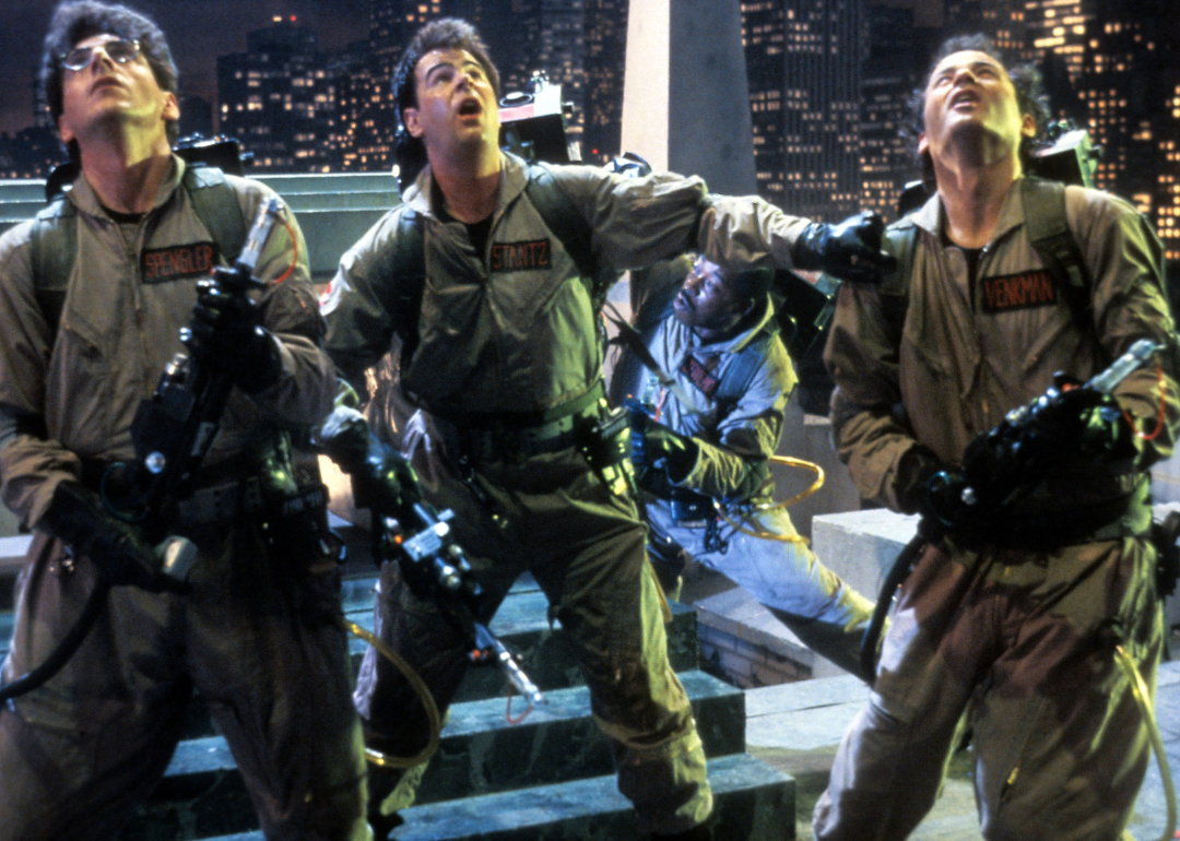 Harold Ramis, Dan Aykroyd, Ernie Hudson, and Bill Murray in the film 'Ghostbusters'.