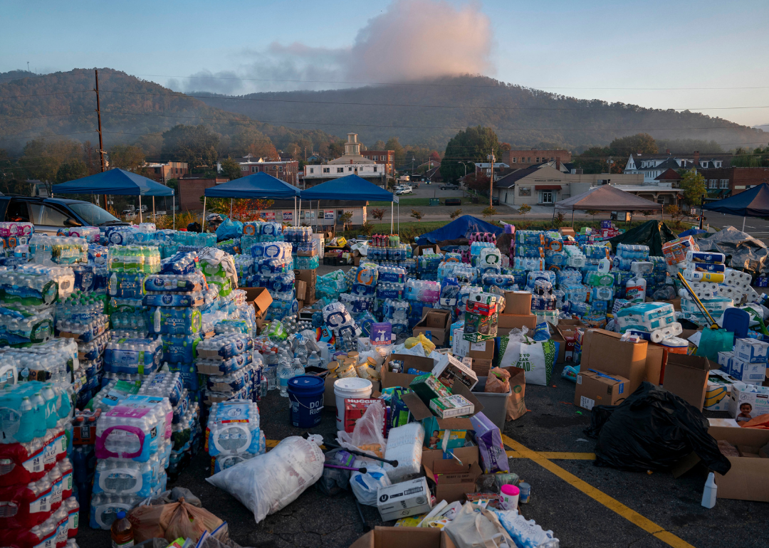 Stacks of donated water and supplies after Hurricane Helene.