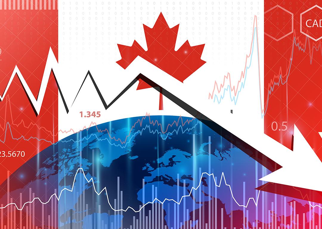The flag of Canada illustrated with a downwards arrow, stock exchange rates and other recession concepts.