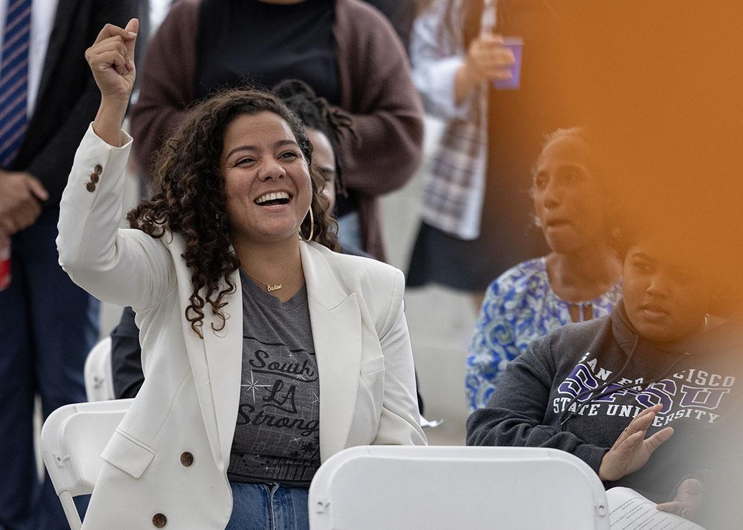 Sade Elhawary, left, cheers during her campaign kickoff for 2024 for California Assembly District 57