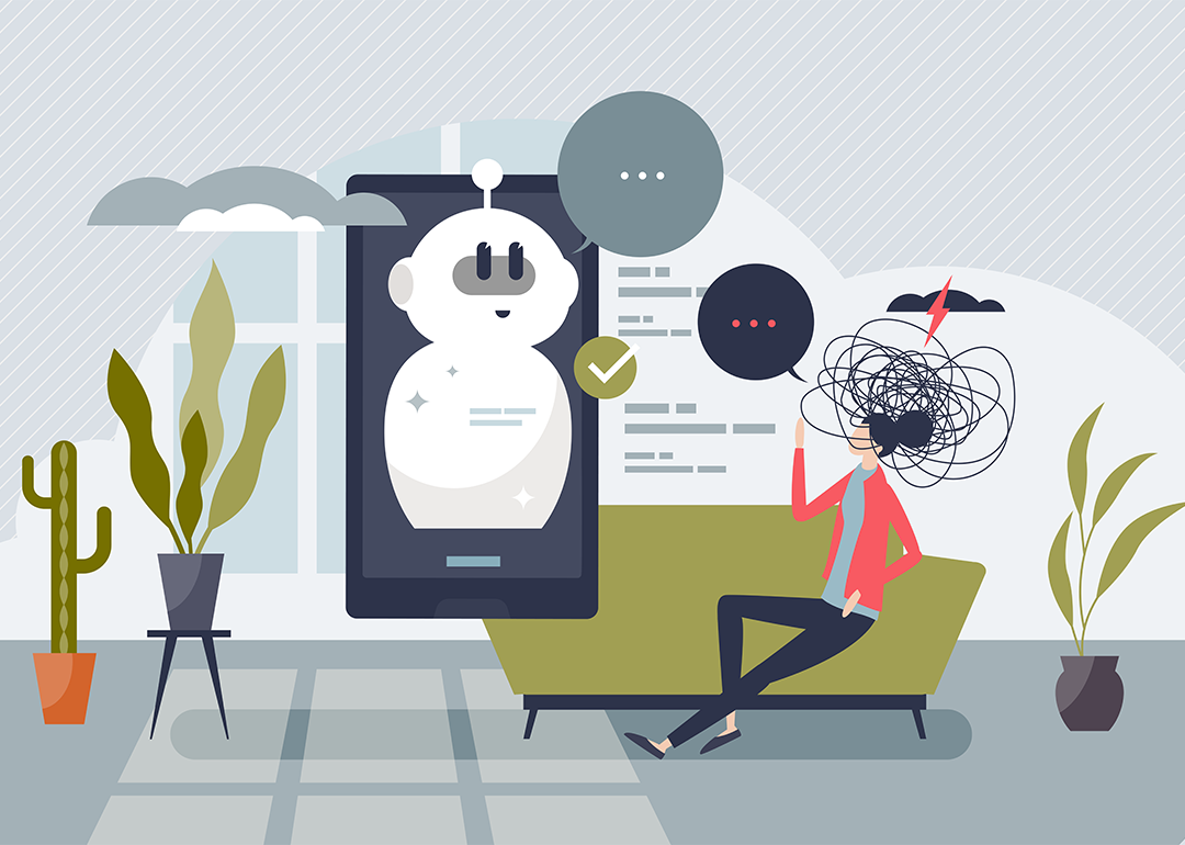 Chatbots in psychotherapy concept with person sitting on green couch with mental state represented by scribble typing to bot on screen replying via text.