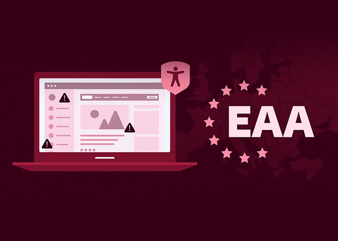Custom illustration showing a laptop, a map and logo of the European Accessibility Act.