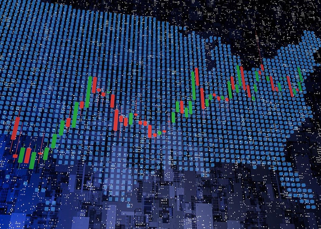 Map of U.S rendered in blue with financial candlestick chart overlaid on top illustrating concept of state economies.
