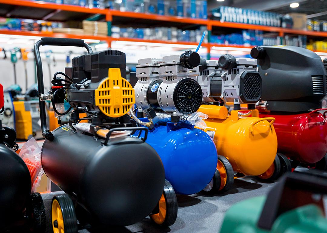 A shop's showcase of new air compressors.