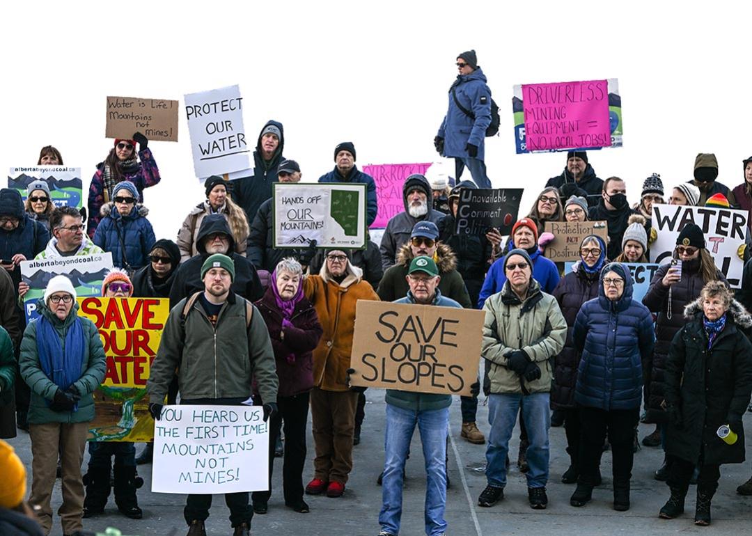 Local activists rally during the 'Protect Our Water' protest against coal mining in the Eastern Slopes, held outside the Alberta Legislature Building in Edmonton, Alberta, Canada, on January 25, 2025.