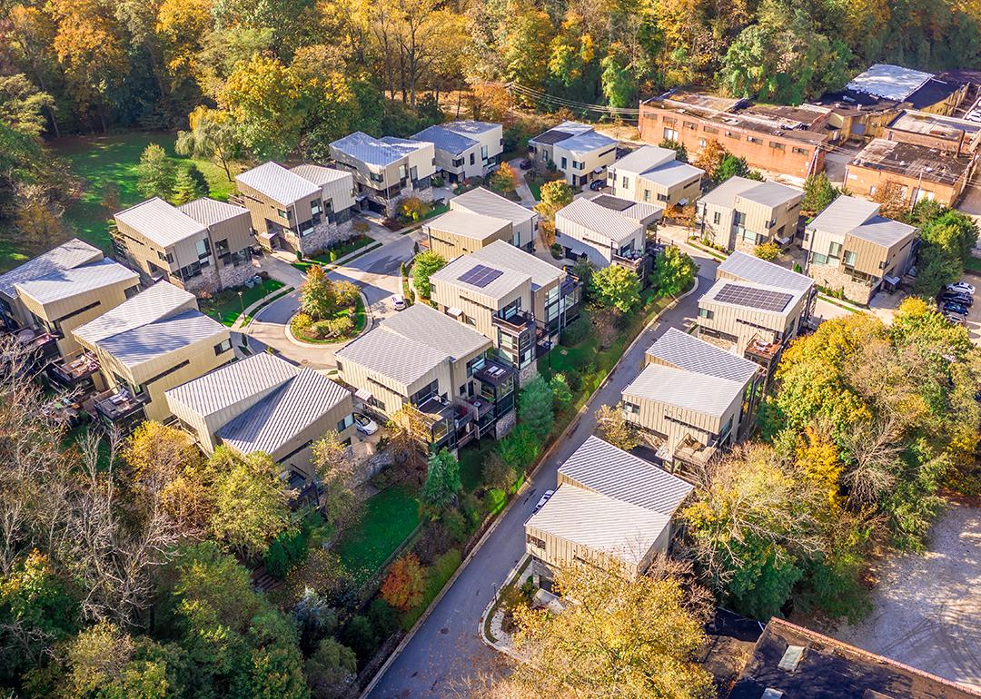 Aerial view of contemporary, modern duplex multistory houses in the USA.