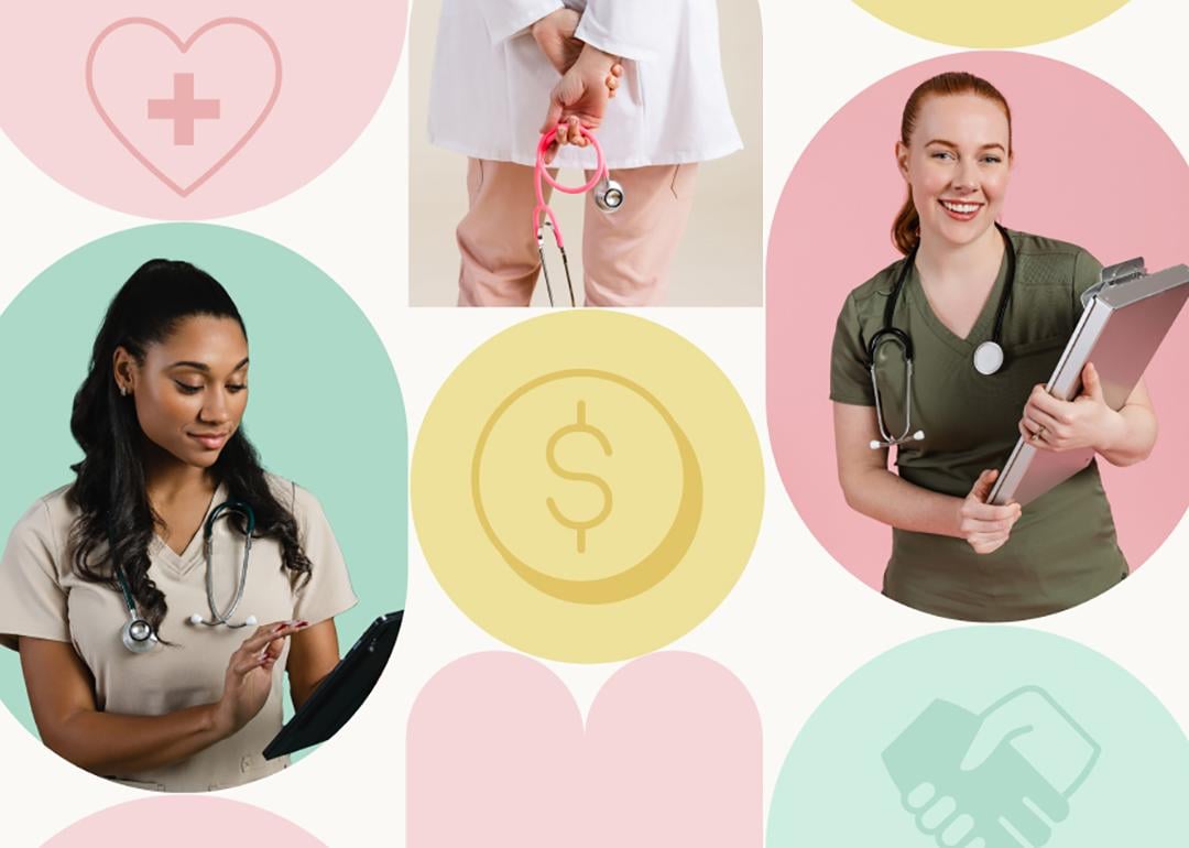 Custom collage graphic showing healthcare workers and colorful icons of health industry and salary symbols.