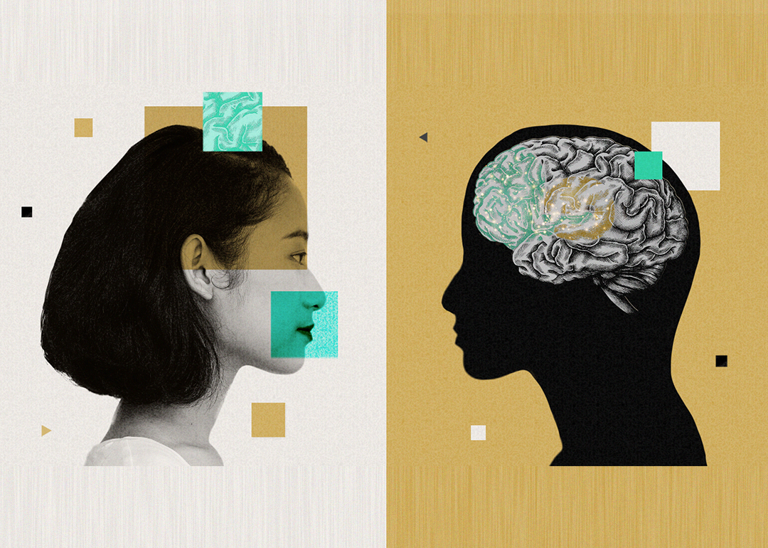 Custom illustration showing a collage of a young woman's side profile and opposite a figure showing the brain.