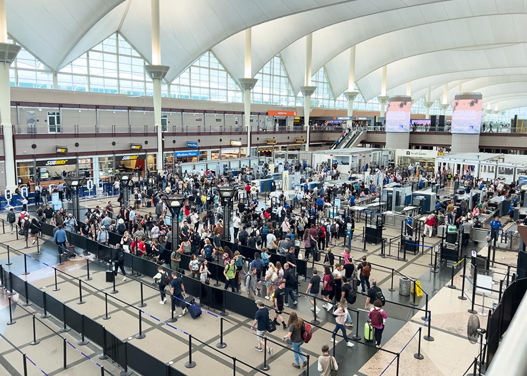A high-angle view of a crowded TSA security checkpoint at Denver International Airport (DIA).