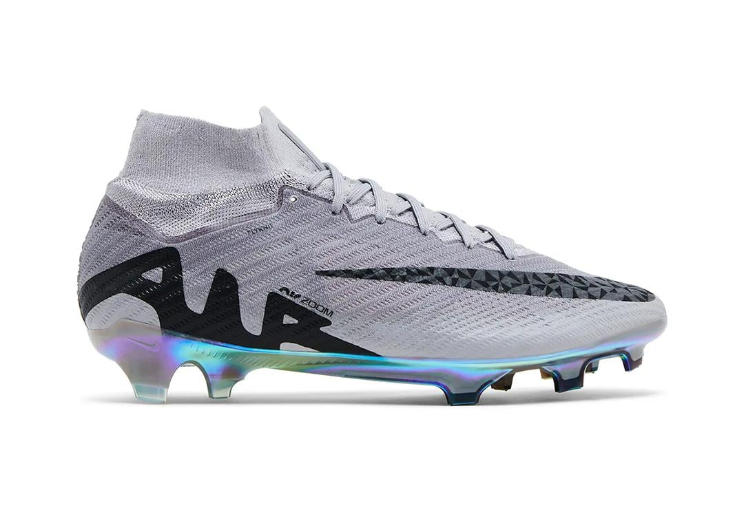 A gray Nike Mercurial Superfly 9 Elite AS FG High 'Rising Gem Pack'.