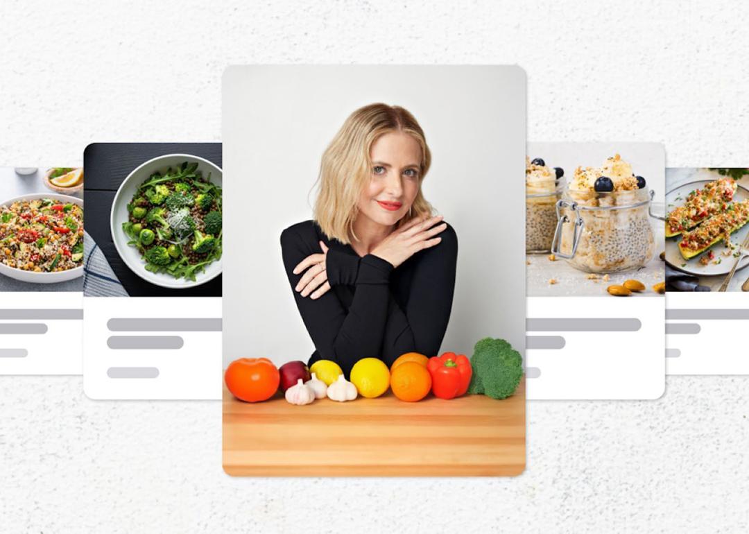 Collage graphic centering Sarah Michelle Gellar photographed with fresh produce on a kitchen board.