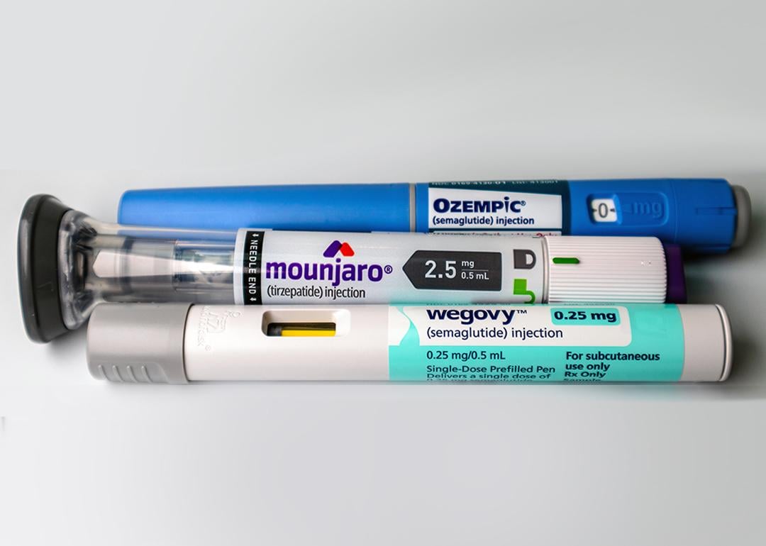 Mounjaro, Ozempic and Wegovy pens on a white background.