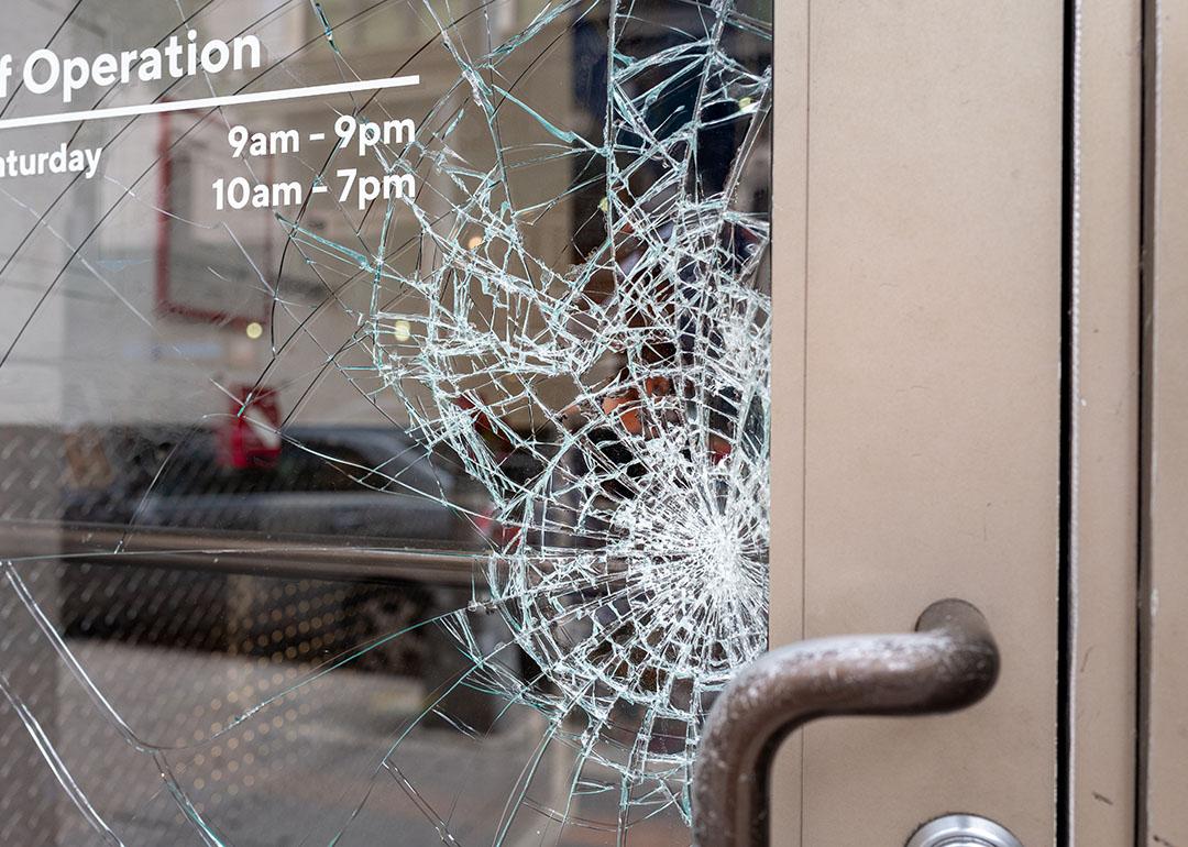 Broken shattered window of a store.