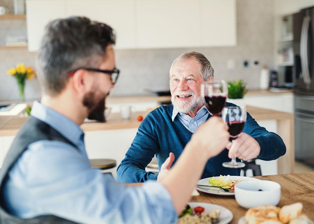 An adult son and his senior father toasting with wine during a light lunch.