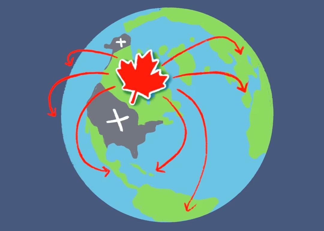 Illustration of globe with overlay of red maple flag over canada and red arrows spreading outward to all countries except the United States, which has an "x" over it.