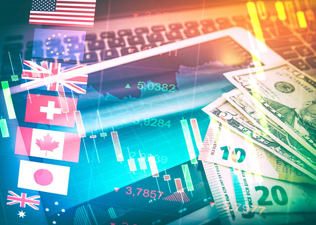 Forex markets and trading concept; flags of different countries illustrated with money and stock market graphics.