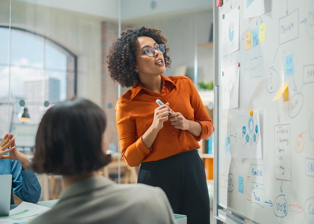 Businesswoman leading a presentation to her creative team.
