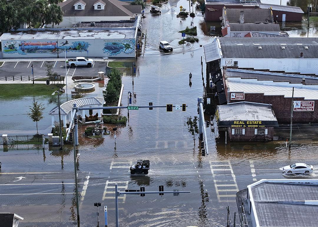 Aerial view of flood waters on the main street after Hurricane Helene passed offshore on September 27, 2024 in Crystal River, Florida. 