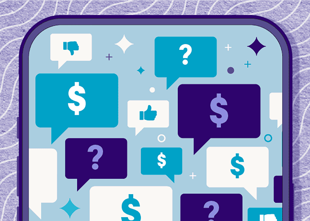 Custom illustration showing a smartphone screen and several chat bubbles showing dollar or thumbs up/down signs.
