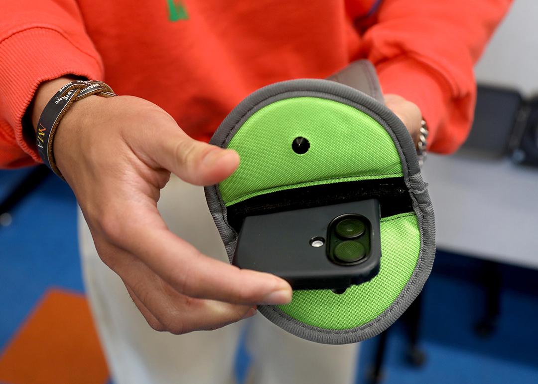 A Yondr pouch which holds and locks smartphones.